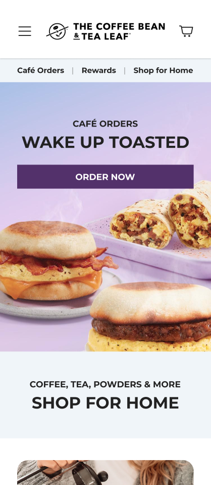 screenshot of Coffee Bean & Tea Leaf homepage on mobile